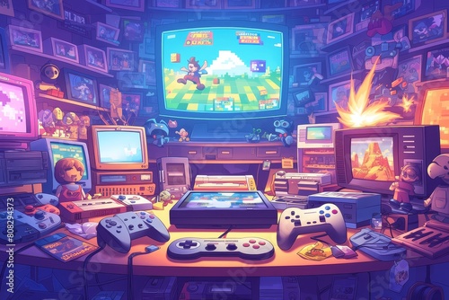 A colorful illustration of video game controllers, screens and pixels in an animated gaming room.