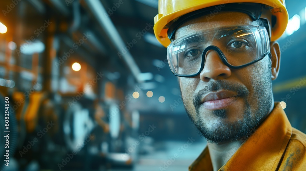 Focused male engineer wearing a safety helmet and glasses stands in a factory setting with complex machinery, showcasing industrial workforce professionalism and safety consciousness Focused male engineer wearing a safety helmet and glasses stands in a factory setting with complex machinery, showcasing industrial workforce professionalism and safety consciousness