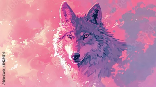  A painting featuring a wolf's face against a pink sky backdrop with foreground clouds photo
