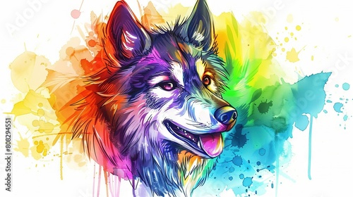   A colorful wolf's head painted with splattered multicolors photo