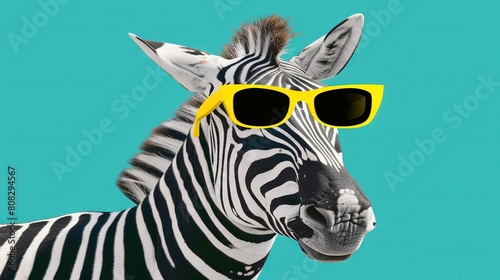   A zebra wearing yellow sunglasses against a blue sky background