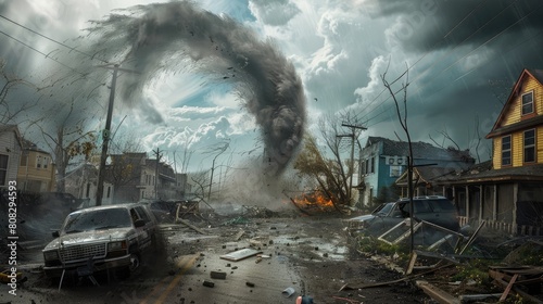 The force of a tornado lifts cars and demolishes buildings leaving behind a trail of destruction in its path. photo