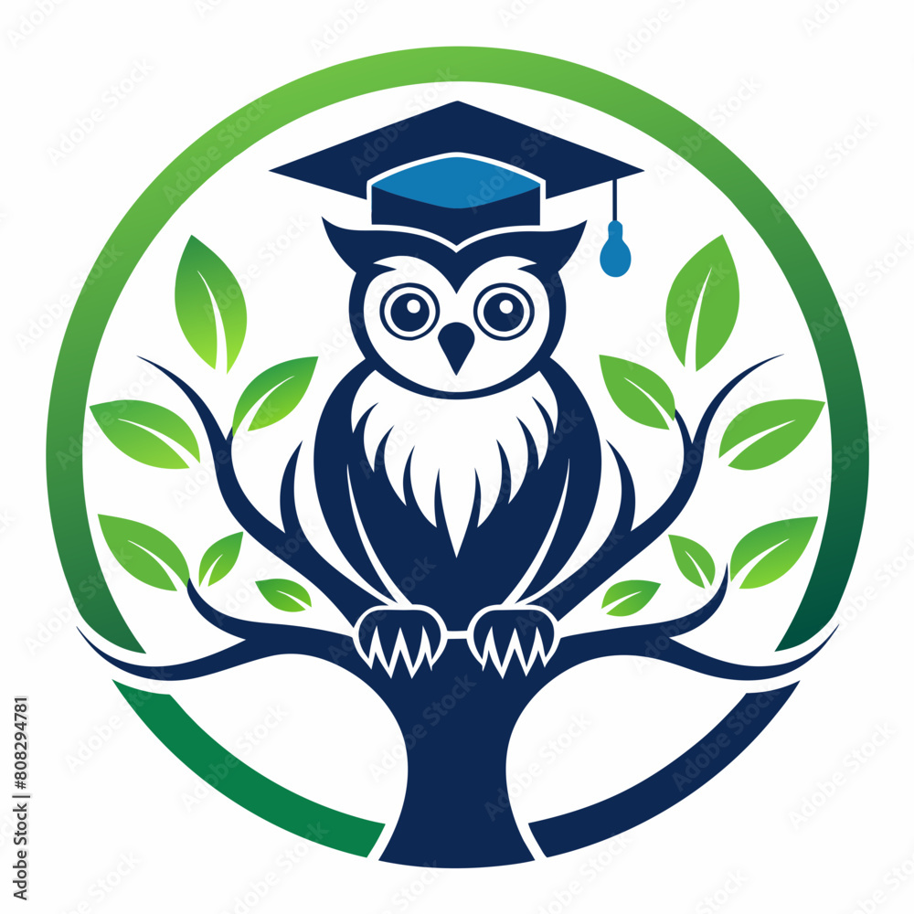 Fototapeta premium Graduation-capped owl perched on a stylized tree of life vector silhouette 