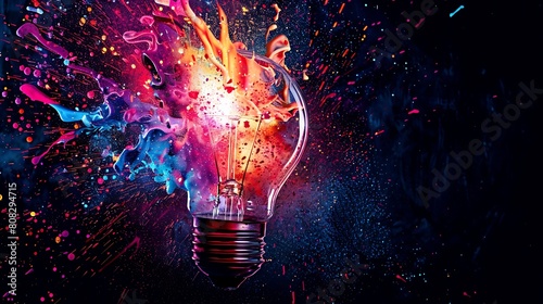  A light bulb bursting with colorful sparks , black background