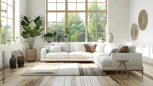 Scandinavian living room with white sofa vases wooden floor and large window view. Concept Scandinavian Design  White Sofa  Vases  Wooden Floor  Large Window View