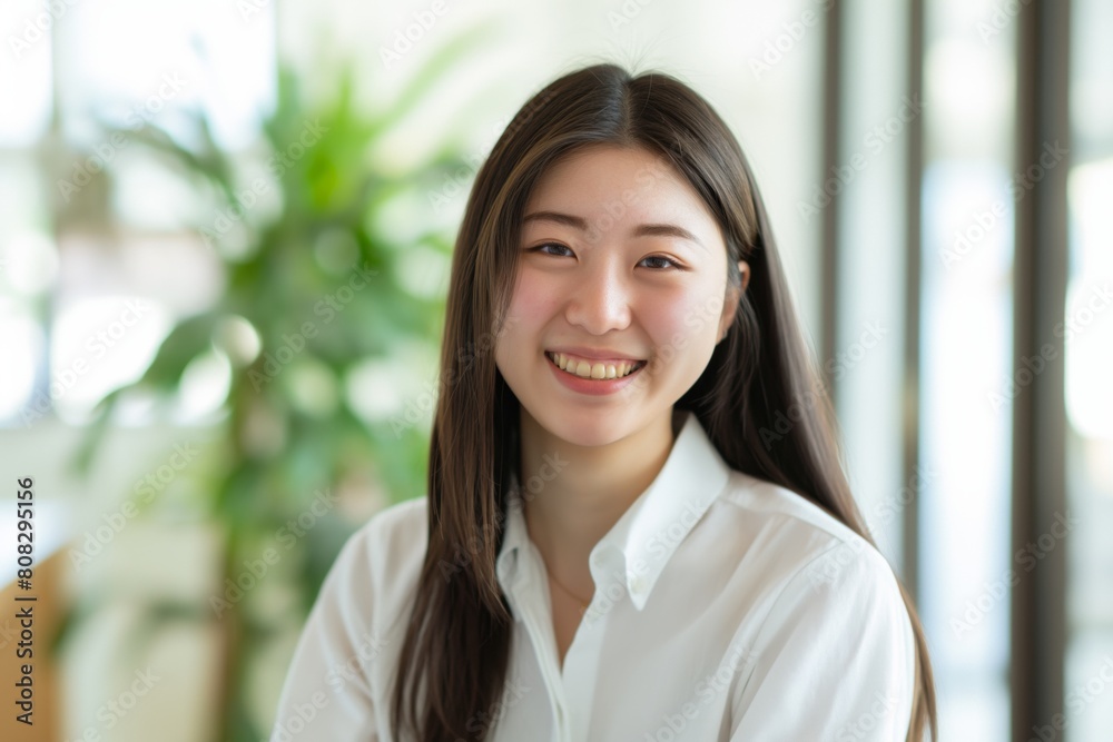 Portrait of a cheerful young woman smiling brightly, wearing a white blouse, set against a blurred indoor background, exuding friendliness and confidence with her heartfelt expression Portrait of a cheerful young woman smiling brightly, wearing a white blouse, set against a blurred indoor background, exuding friendliness and confidence with her heartfelt expression