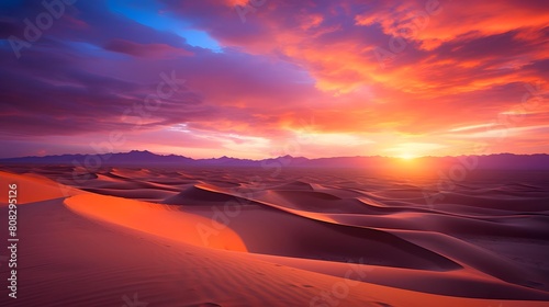 Panoramic view of sand dunes at sunset. Dubai  United Arab Emirates