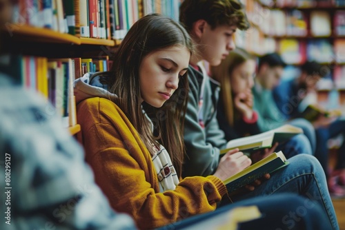 Vibrant, engaging photo of diverse students reading in a library, educational themes and social media trends. photo