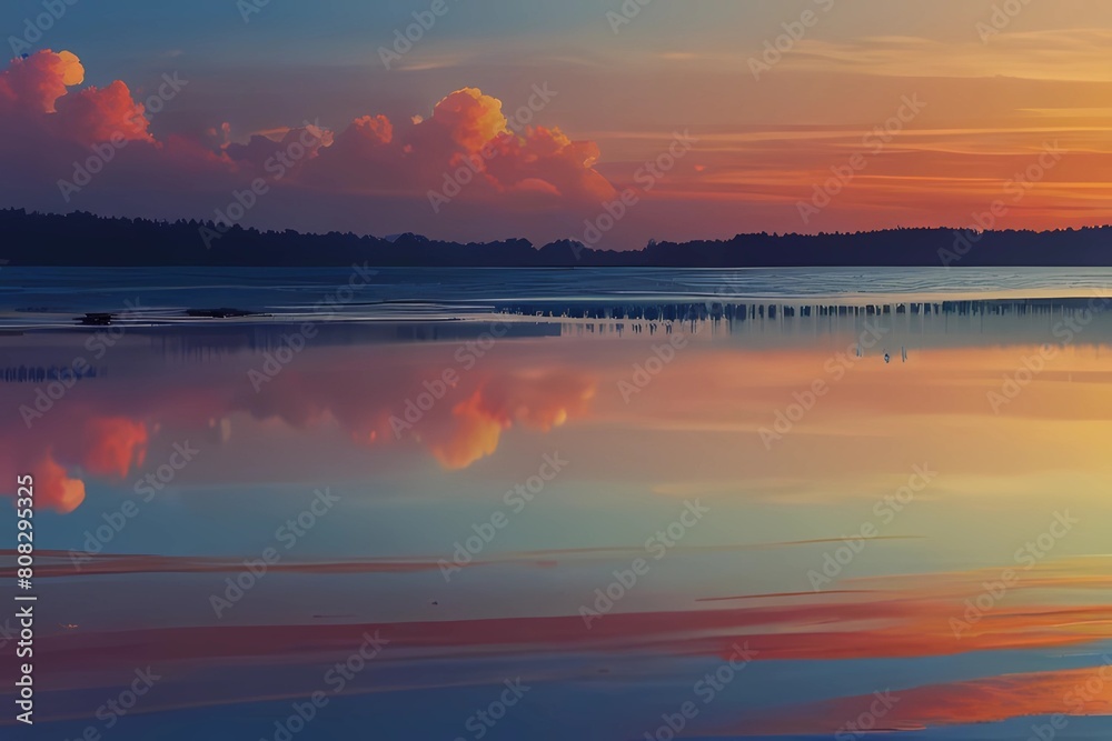 Sunset,Sunrise Summer Landscape.Beautiful Nature.Blue Sky,amazing colorful clouds.Natural Background.Artistic Wallpaper.Lake,sun. Incredibly beautiful sunset.Sun, sky,lake.Sunset or sunrise landscape,