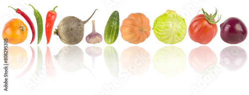 Healthy colorful vegetables with light reflection isolated on white
