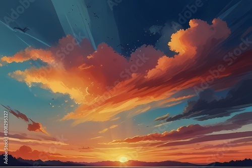 Sunset,Sunrise Summer Landscape.Beautiful Nature.Blue Sky,amazing colorful clouds.Natural Background.Artistic Wallpaper.Lake,sun. Incredibly beautiful sunset.Sun, sky,lake.Sunset or sunrise landscape,
