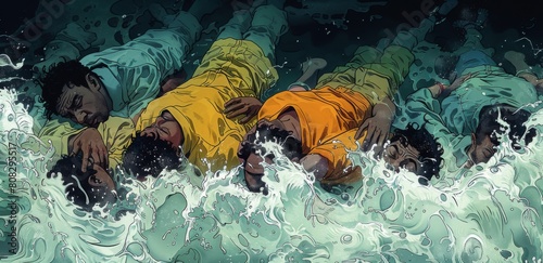 A group of African American people laying on the bottom floor of an ocean boat, holding each other and crying with intense pain, in the style of cartoon, with a dark green color palette 