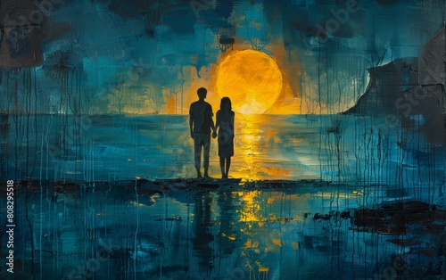 A landscape on which a young couple stands at full height, painted on canvas with oil paints, blue and yellow