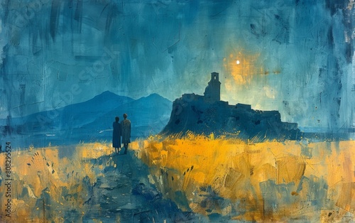 A landscape on which a young couple stands at full height, painted on canvas with oil paints, blue and yellow