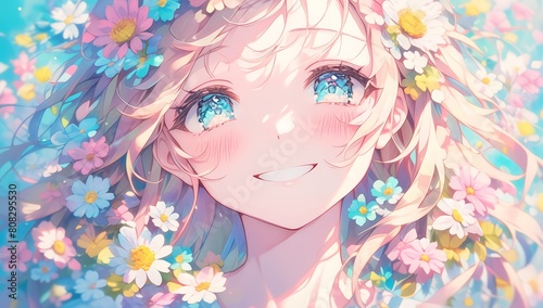 A cute girl with long hair is smiling and wearing flowers in her hair. She is depicted in the style of anime, wearing colorful floral . The background features soft pastel colors © Photo And Art Panda