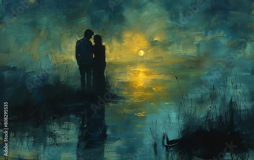 A landscape on which a young couple stands at full height, painted on canvas with oil paints, blue and yellow