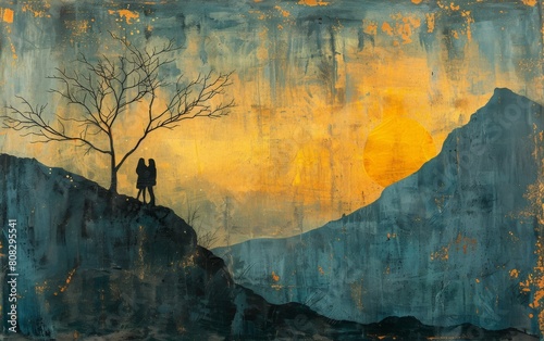 A landscape on which a young couple stands at full height, painted on canvas with oil paints, blue and yellow