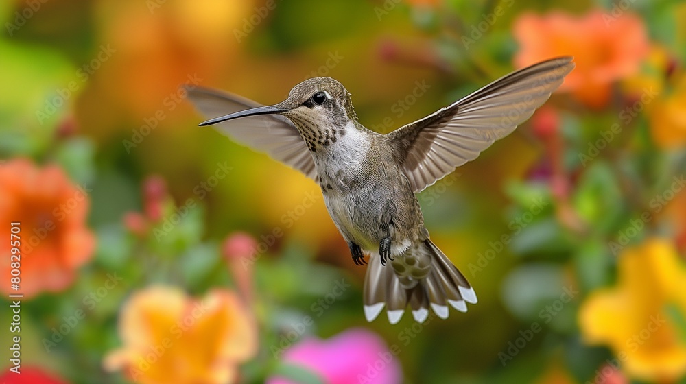 Naklejka premium Hummingbird Hovering Near Colorful Flowers, Rapid Wing Movement, YouTube Thumbnail