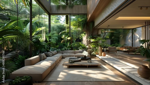 Modern minimalist living room in a treehouse with lush greenery and luxury. Concept Treehouse Living Room  Modern Minimalist Design  Lush Greenery  Luxury Decor