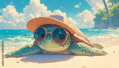 A cute little turtle wearing sunglasses and a hat lying on the beach