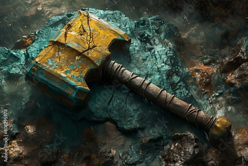 Weathered Ancient fantasy hammer. Medieval thunder. Generate Ai