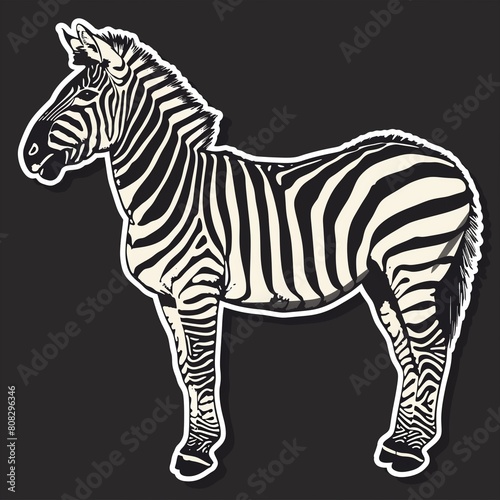 A zebra illustration in normal colors as a sticker with a white outline on a black background without any shadow or gradient.