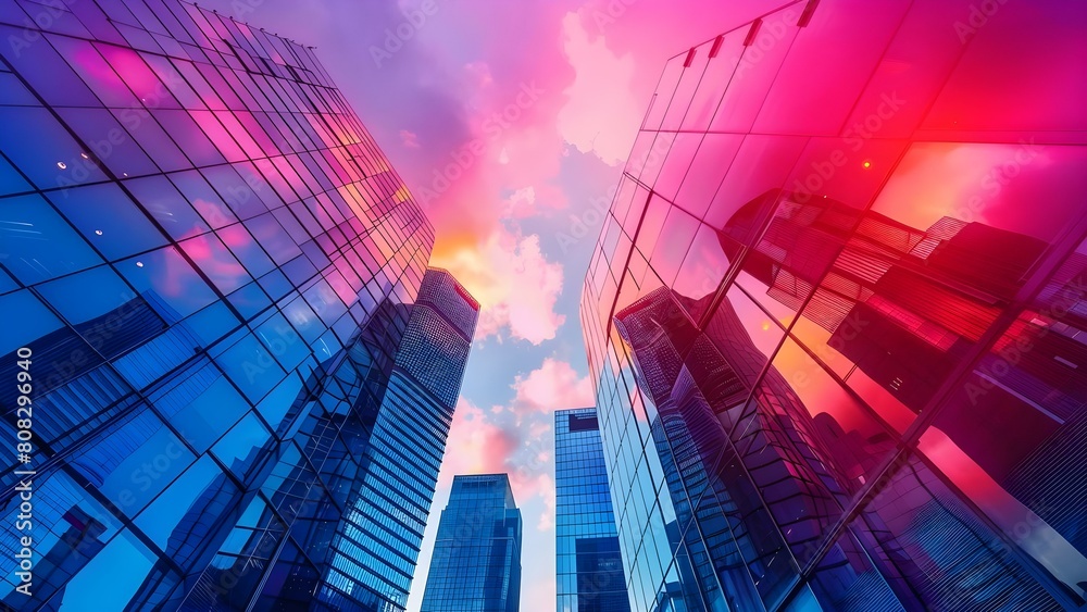 Low angle view of reflective skyscrapers in a sunny cityscape. Concept Cityscape Photography, Skyscraper Reflections, Low Angle Perspectives, Urban Landscape, Sunny Day Views