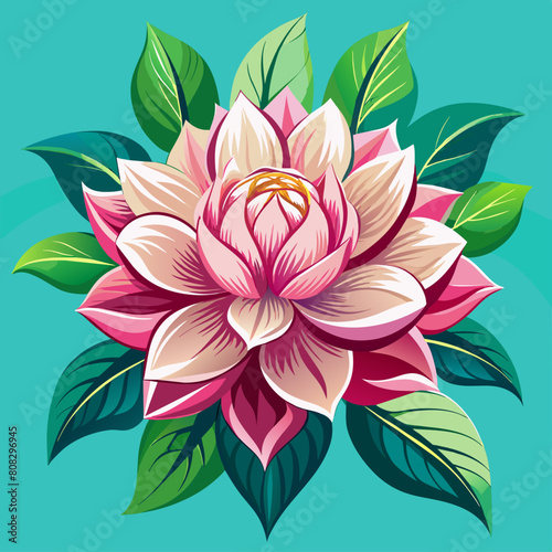 Pink water lily in full bloom with bright green petals, on turquoise background. Detailed lotus vector graphic combines nature & design for decorative purposes & as an eye-catcher in creative projects