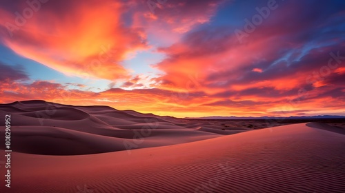 Panoramic view of sand dunes in the desert at sunset © A