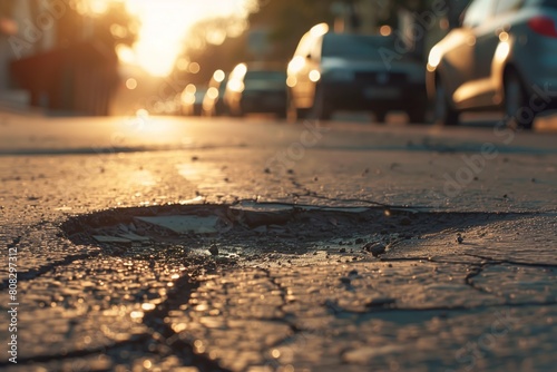 Pothole on the road, carriageway where cars drive. Road repair, bad road © Alina Zavhorodnii