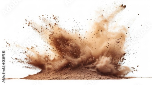 Dry Soil explosion with dirt and cloud smoke. Isolated on white background. Brown Dirty ground abstract spread with flying particles