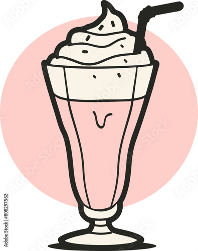 A charming illustration of a strawberry milkshake, complete with whipped cream and a cherry, perfect for beverage ads, cafe menus, or dessert promotions.