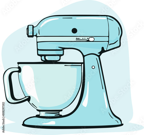 A retro style stand mixer in a striking aqua color, perfect for baking content, kitchen appliance marketing, and culinary school illustrations.
