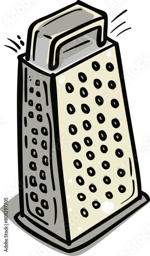 This graphic depicts a classic metal kitchen grater, perfect for culinary websites, cooking tutorials, and equipment reviews.