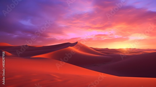 Desert sunset panorama with sand dunes. 3d render