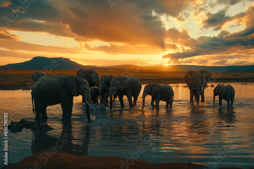 Group of African elephants at a serene watering hole surrounded by nature © Damian