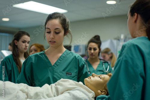 Nursing students practicing patient care techniques in a simulated hospital setting