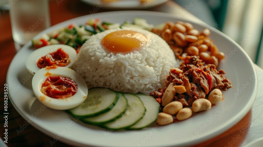 A Bruneian dish. Nasi lemak is a dish of rice, cucumber, anchovies, fried peanuts, hard—boiled eggs and chicken or beef meat with hot hot sauce.