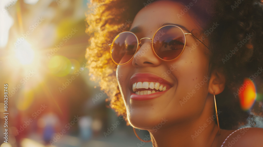 Smiling Woman with Sunglasses in Sunlight Smiling Woman with Sunglasses in Sunlight