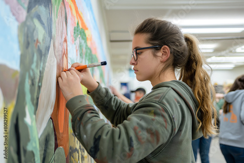 students in art class working on a collaborative mural photo