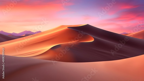 Desert dunes panorama at sunset, 3d render illustration