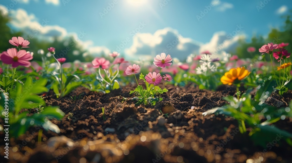 Group of Pink Flowers Growing in Dirt Group of Pink Flowers Growing in Dirt