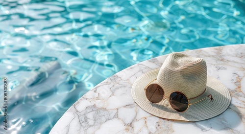 Hat, Sunglasses, and Pair of Glasses by Poolside