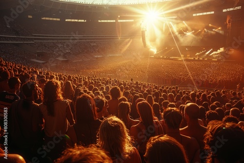 The warm sunset light washes over a lively crowd at a packed stadium concert, capturing the exhilaration of live music