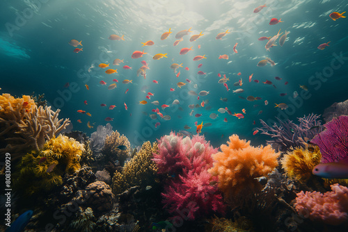 Diverse coral reef explored by scuba divers