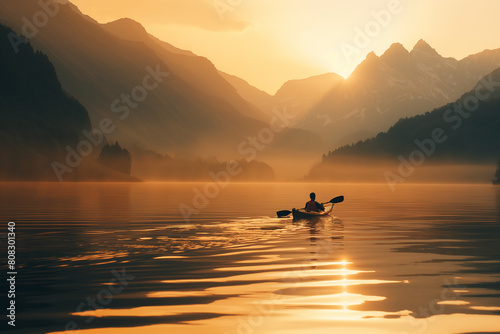 Person kayaking on a calm lake at sunset