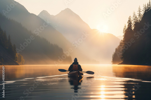 Kayaker enjoying a tranquil lake surrounded by mountains #808301369