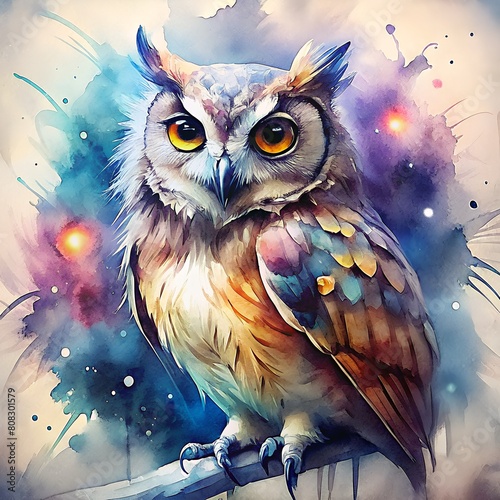 Watercolor painting of an owl sitting on a tree branch. This illustration is suitable for the design of notebooks, calendars.