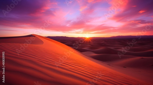 Panoramic view of the dunes in the Sahara desert at sunset