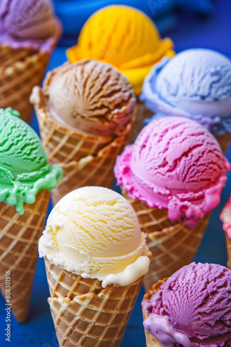 Variety of ice cream cones with differenc flavours and colors. High quality photo photo
